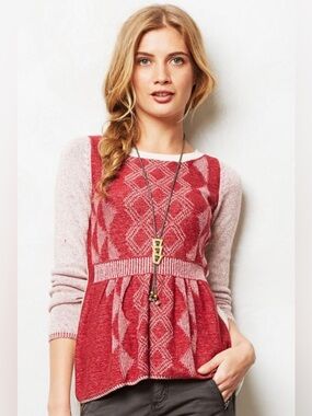 sparrow Red and Light Pink Patterned Long-Sleeve Knit Sweater